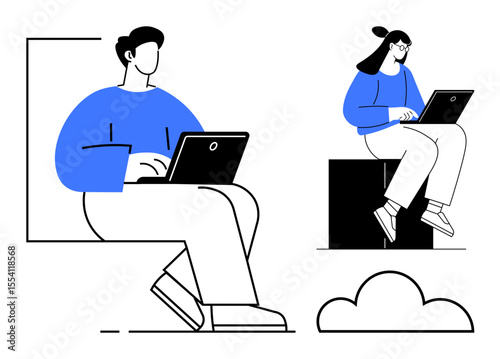 Two individuals using laptops, seated apart in a clean and minimal scene. Ideal for teamwork, remote work, digital communication, technology, education, productivity and connection concepts. Simple