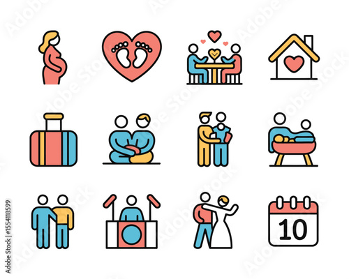 Modern family and wedding lifestyle vector icon set in clean outline style