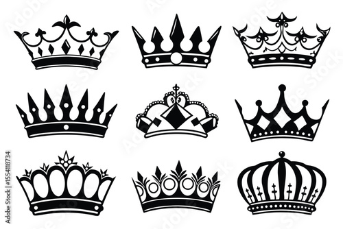 Elegant Black Crown Vector Set – Monochrome Silhouettes