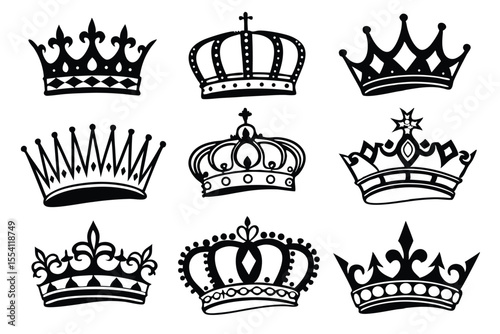 Elegant Black Crown Vector Set – Monochrome Silhouettes