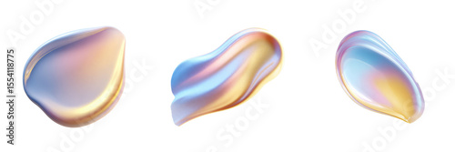 Iridescent abstract shapes with color shift, fluid forms, iridescent, shiny textures