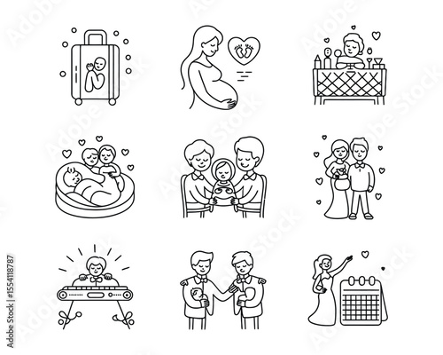 Modern family and wedding lifestyle vector icon set in clean outline style