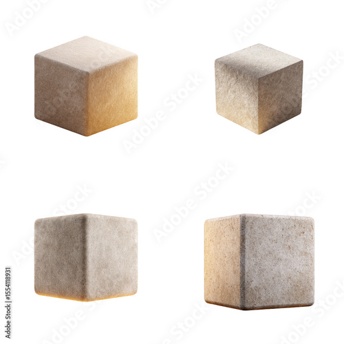 Four beige cube shapes, abstract object, geometric form, minimalist block, neutral color tone
