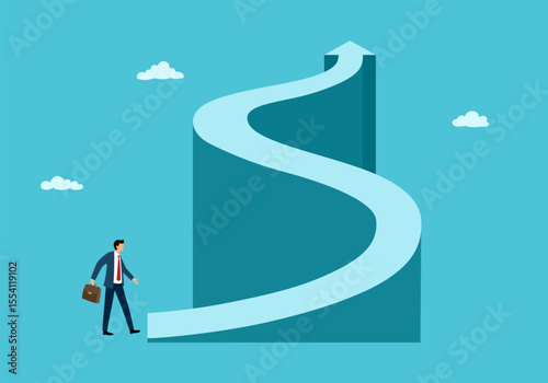 Businessman walking on path to reach higher target. Ambition to success in competition. Business growth.