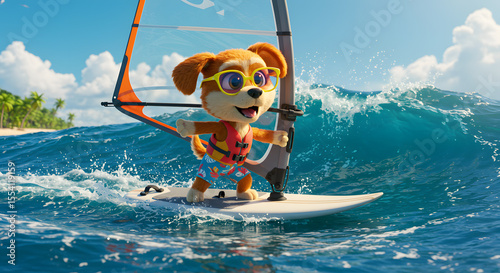  Happy Cartoon Dog Windsurfing on Ocean Wave
