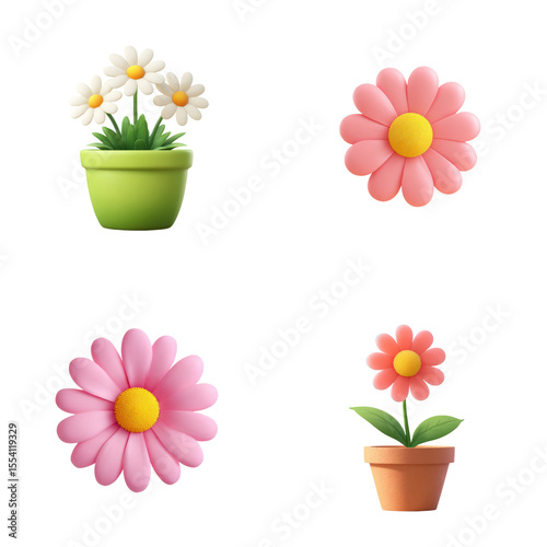 Daisy flower, floral, plant, bloom, blossom, spring, green, pink, yellow, cute cartoon garden