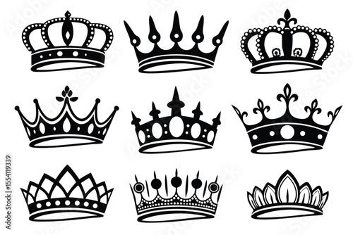 Royal Crown Vector Icons – Black Silhouette Art Set