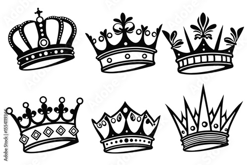 Royal Crown Vector Icons – Black Silhouette Art Set