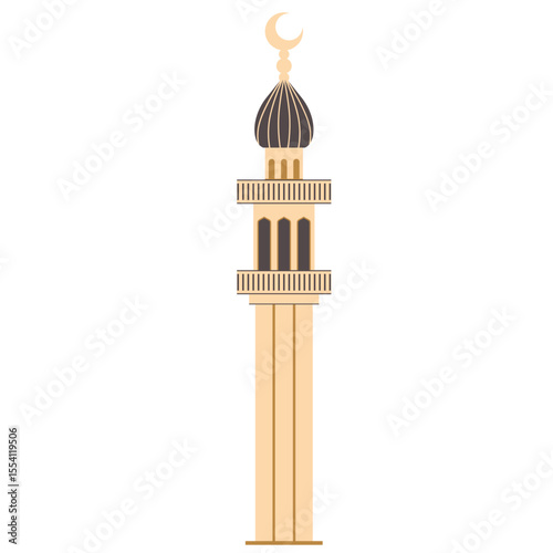 2D illustration of a slender Islamic minaret with a black dome and crescent moon, suitable for spiritual and festive content.