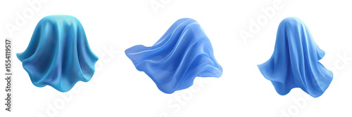 Three translucent blue fabrics floating isolated on png background, airy, ethereal, elegance, smooth, abstract