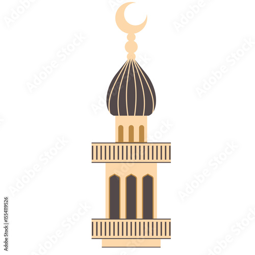 2D illustration of a tall mosque minaret featuring a black dome and crescent moon, symbol of Islamic spiritual tradition