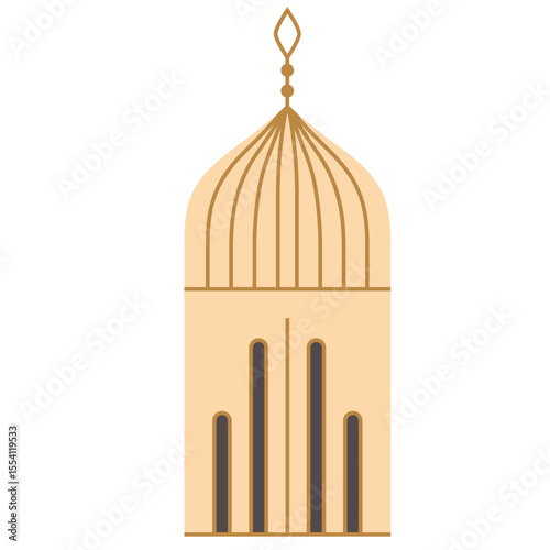 2D illustration of a tall and narrow golden mosque dome with vertical window lines, representing Islamic architecture in minimalist style.