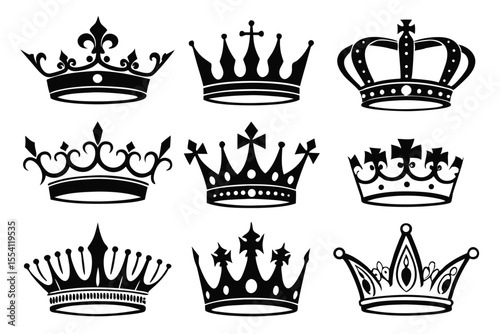 Royal Crown Vector Icons – Black Silhouette Art Set
