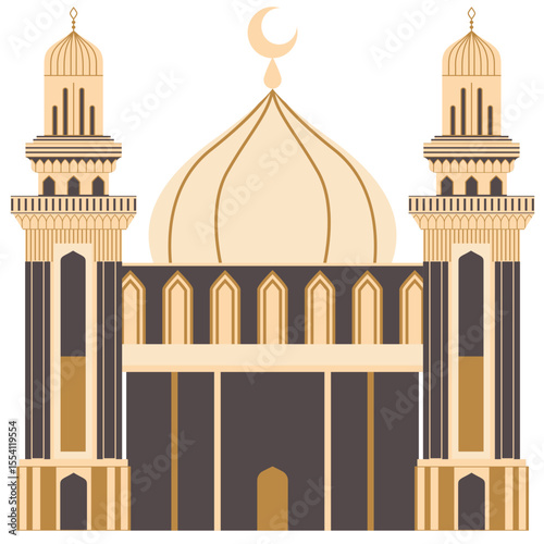 2D illustration of a large mosque with a golden dome and twin minarets, ideal for Islamic festival or Ramadan designs.