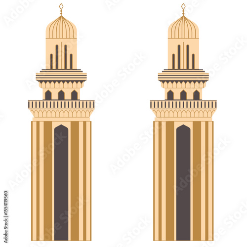 2D illustration of twin Islamic minarets with classic architecture, commonly used in mosque entrance or traditional design elements.