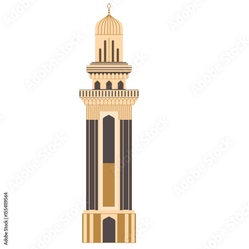 2D illustration of a tall minaret with detailed middle section and golden dome top, often found in Islamic mosque structures.