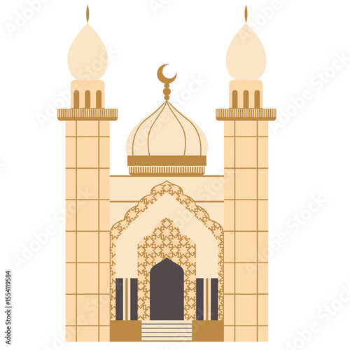 2D illustration of a grand mosque with twin minarets and a small golden dome, designed in classic Islamic architectural style.