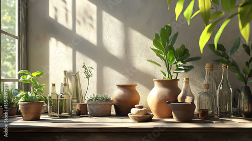Spa still life, Traditional Herbal Medicine Arrangement Featuring Healing Stones, Jars, and Candles for Natural Wellness and Holistic Practices in a Serene Setting, Spa scene with white orchids, 
