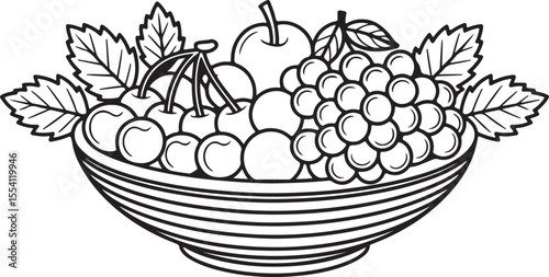 fruit basket silhouette filled with assorted fruits, vector black and white illustration