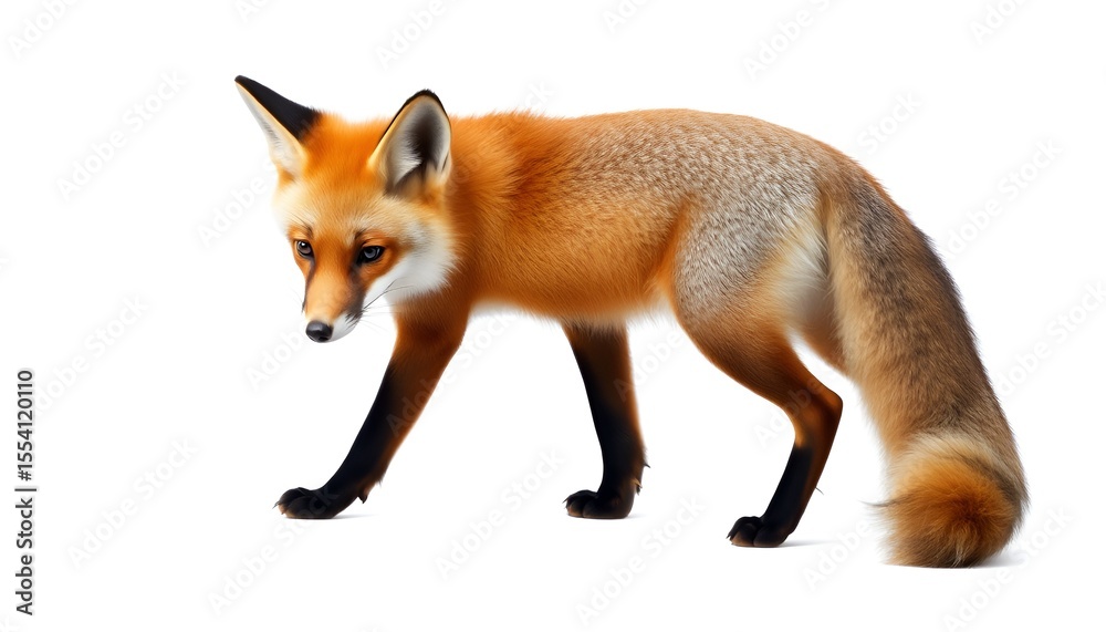 Obraz premium A red fox stands alert against a crisp white backdrop, showcasing its beautiful fur and features.