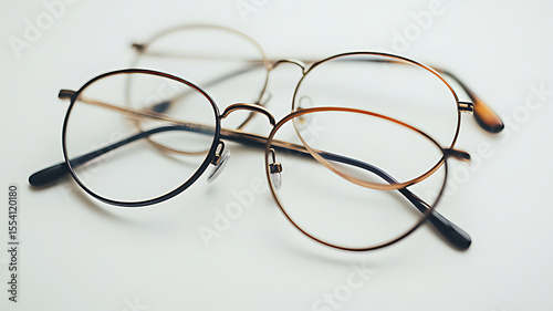 image of eyeglasses on white background, Top view of vintage glasses on white background desk for mockup, collection of diverse angle

