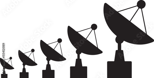 satellite dish silhouette illustration with four different size antennas arranged for communication or broadcasting