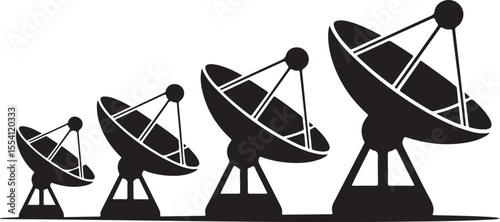 
satellite dish silhouette illustration with four different size antennas arranged for communication or broadcasting