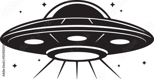 ufo spaceship silhouette with beams and stars in outer space, isolated vector graphic in black and white
