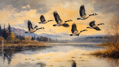 watercolor birds, flock of birds, birds flying, sunrise painting, ducks on lake, watercolor landscape, serene lake, river painting, morning sky, birds in flight, peaceful nature, flying ducks, water

