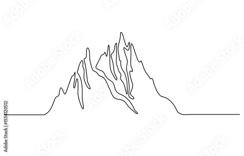 One continuous line drawing of mountain range landscape. Top view of mounts in simple linear style. Adventure winter sports concept isolated on white background. Doodle vector illustration, Mountains.
