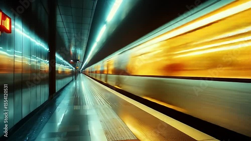 Abstract Subway Platform Motion Blur with Fast Moving Train At Night In Illuminated Interior with Geometric Tiles, Streamlined Design, Transportation Hub