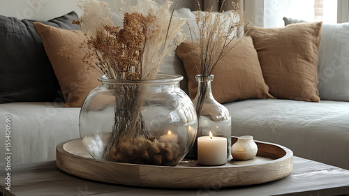 A wooden essential oil diffuser and a burning candle on a coffee table in a living room, Cozy living room with candles, vase, and dried flowers on a coffee table.

