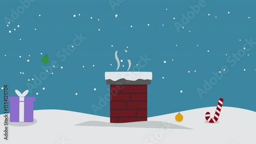 Smoking Chimney with falling Snow, Christmas Gifts and Balls