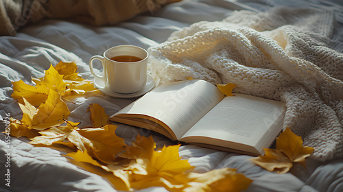 Cozy Autumn Indoors with Warm Blanket Book and Cup of Tea Serene and Inviting Home Setting
