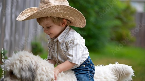 A young toddler wearing a cowboy hat and blue jeans rides a dog in the backyard 