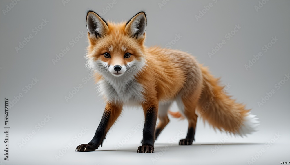 Fototapeta premium A captivating red fox, adorned with a fluffy tail, stands gracefully against a neutral background.