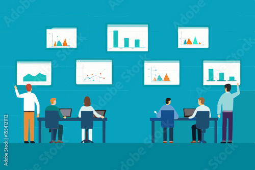 Business meeting with data analysis and presentation of business charts in the office environment for discussion