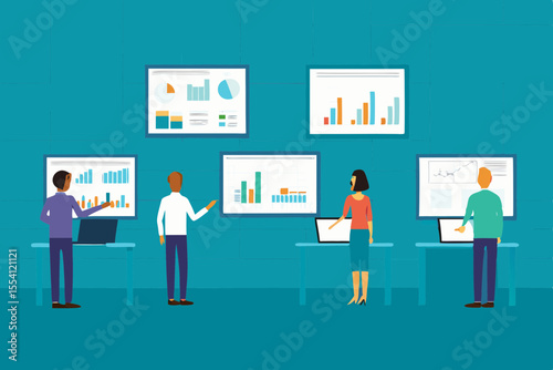 Business professionals presenting data charts and graphs during a meeting for strategy and analysis review