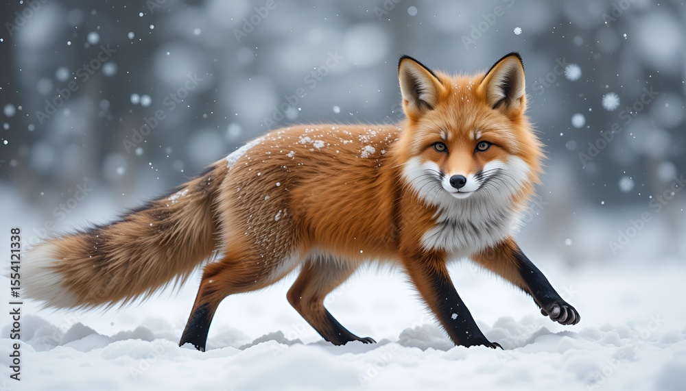 Obraz premium A red fox walks gracefully through a snowy winter landscape, its fur dusted with snowflakes