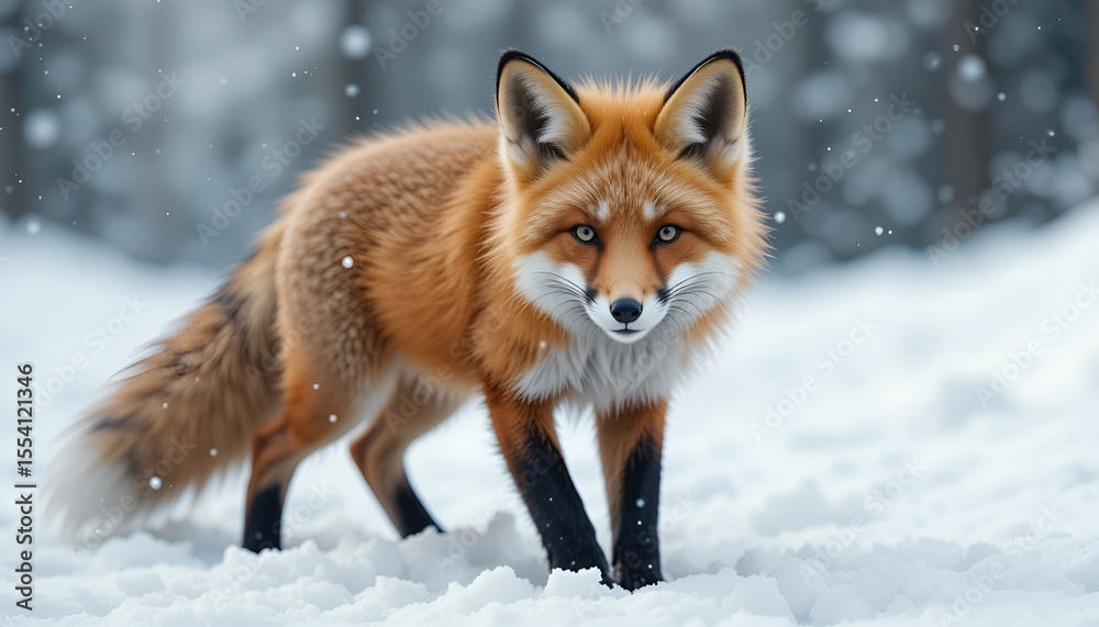 A majestic red fox standing alert in a snowy landscape, its eyes fixed forward intensely. A majestic red fox standing alert in a snowy landscape, its eyes fixed forward intensely.