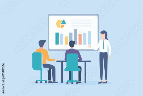 Business presentation with charts and graphs team meeting data analysis and corporate strategy discussion