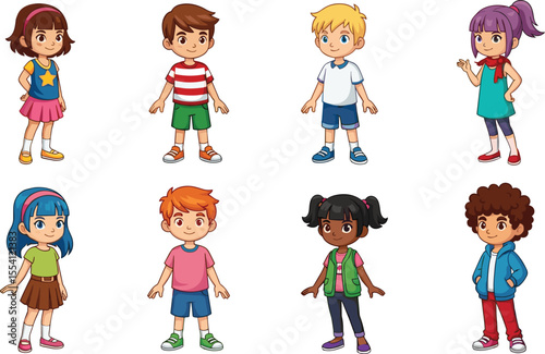 Cartoon kids set, diverse children characters, cute boys and girls, colorful outfits, vector illustration, school kids, playful expressions, smiling