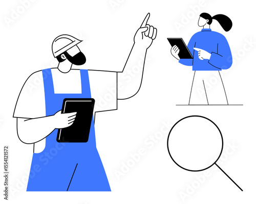 Construction worker in hard hat gestures upward holding tablet. Manager in formal wear uses tablet thoughtfully. Includes magnifying glass. Ideal for teamwork, innovation, digital tools