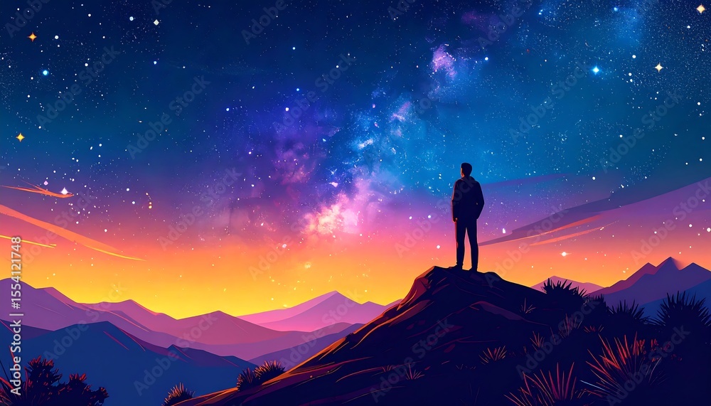 Silhouette figure gazing at vibrant night sky Silhouette figure gazing at vibrant night sky