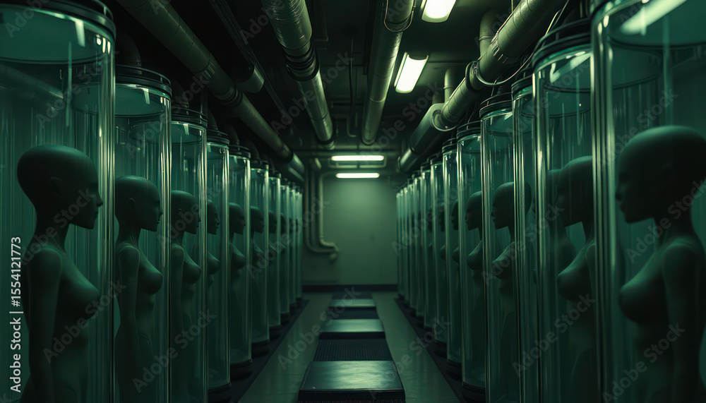Obraz premium A long corridor shows rows of alien figures suspended in liquid-filled cylindrical tanks, under fluorescent lights and pipes.