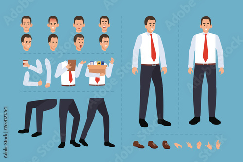Businessman cartoon character for motion design with facial expressions, hand gestures, body and leg movement