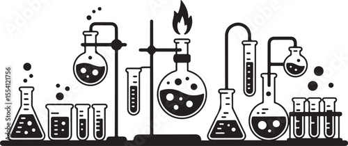 A black silhouette illustration of various laboratory glassware and equipment, including flasks, test tubes, and a Bunsen burner, depicting a chemistry experiment setup.