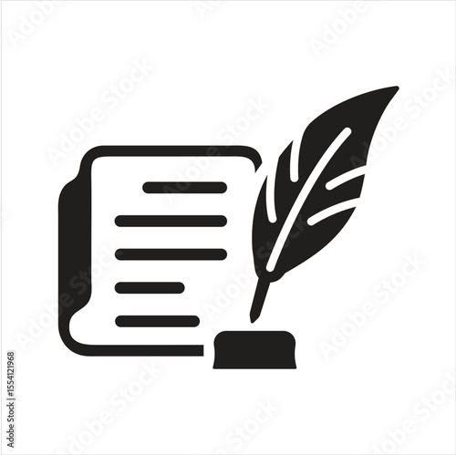 Quill pen writing on a book icon. Poetry solid icon