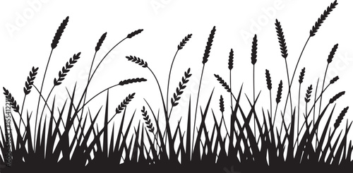 A black silhouette depicts a dense field of tall wheatwith prominent seed heads, creating a natural border.