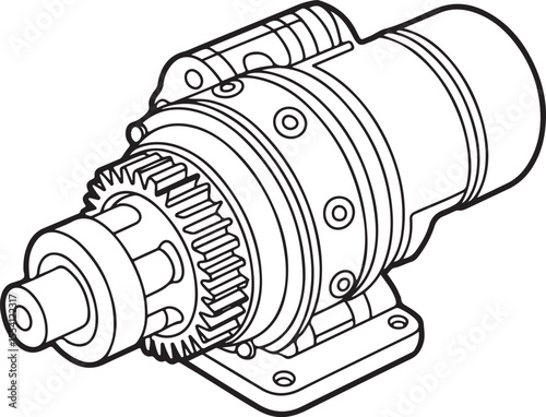A detailed line art illustration of an automotive starter motor with visible gears.